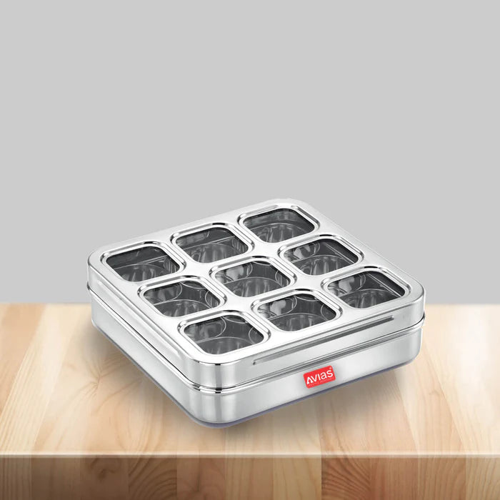AVIAS Stainless Steel Spice Box with 9 Square (Design) Small
