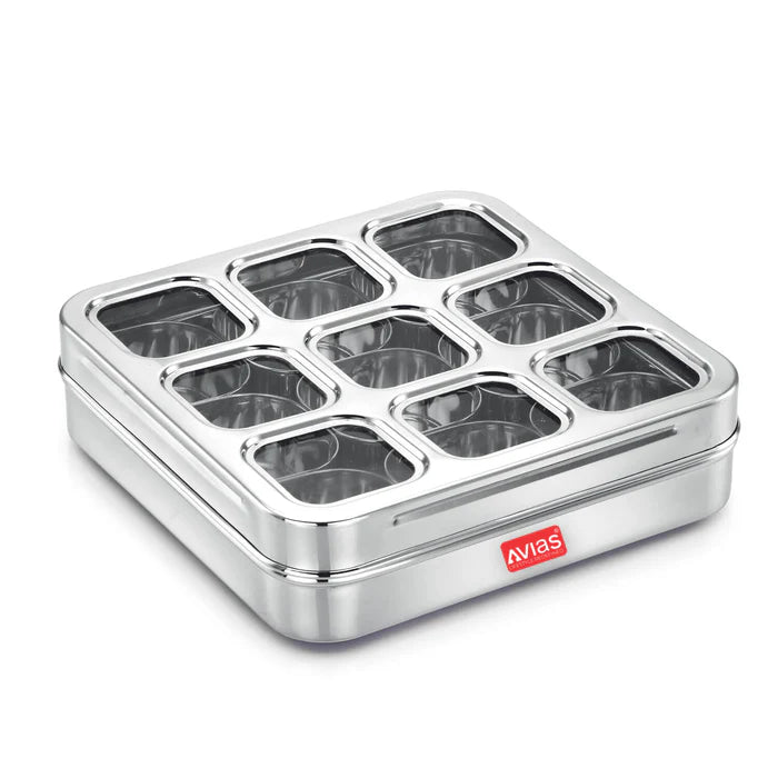 AVIAS Stainless Steel Spice Box with 9 Square (Design) Small