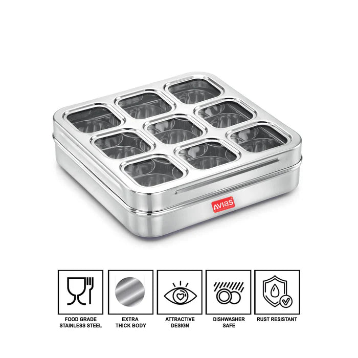 AVIAS Stainless Steel Spice Box with 9 Square (Design) Small