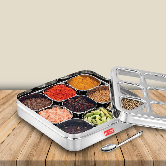 AVIAS Stainless Steel Spice Box with 9 Square (Design) Small