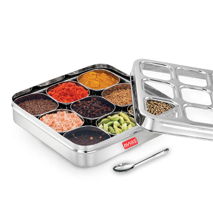 AVIAS Stainless Steel Spice Box with 9 Square (Design) Small