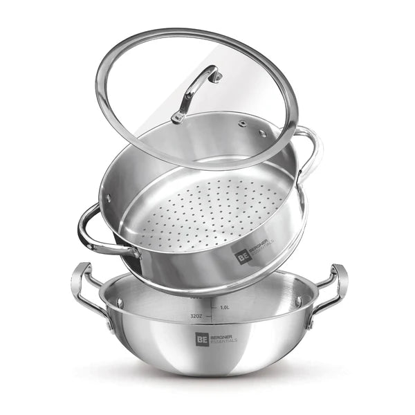 BE Essentials Tri Ply Stainless Steel Kadai with Steamer