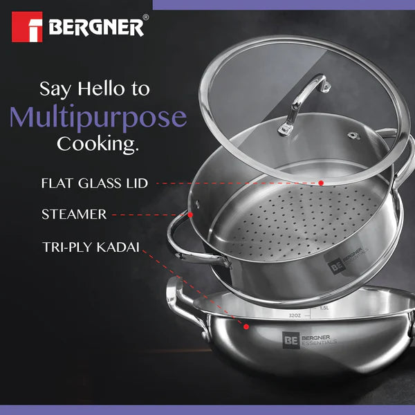 BE Essentials Tri Ply Stainless Steel Kadai with Steamer