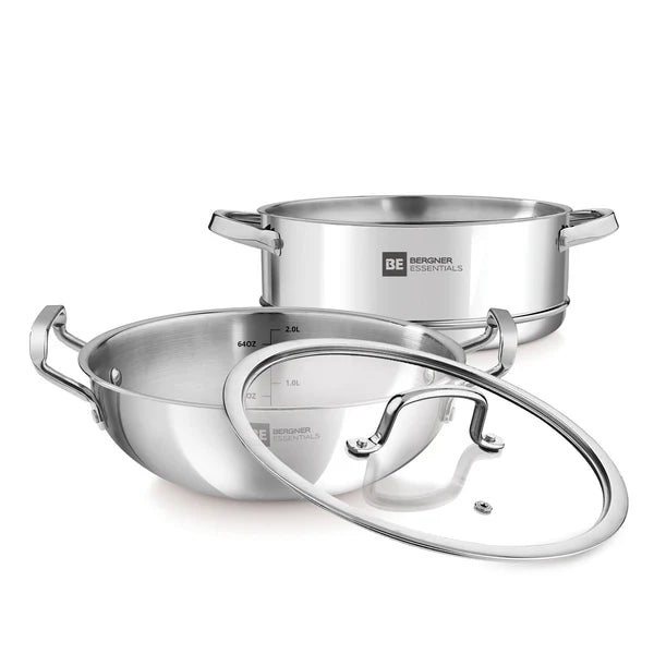 BE Essentials Tri Ply Stainless Steel Kadai with Steamer