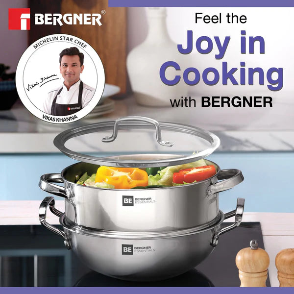 BE Essentials Tri Ply Stainless Steel Kadai with Steamer