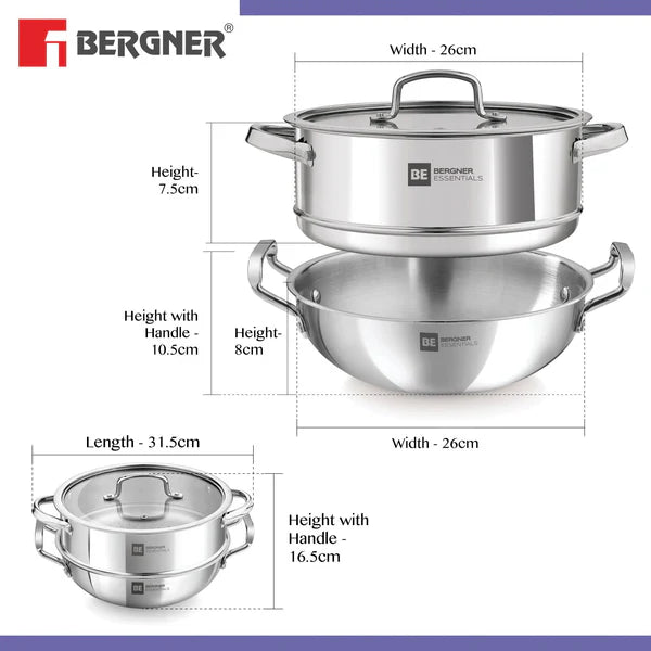 BE Essentials Tri Ply Stainless Steel Kadai with Steamer