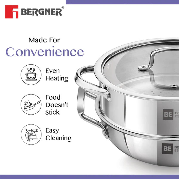 BE Essentials Tri Ply Stainless Steel Kadai with Steamer