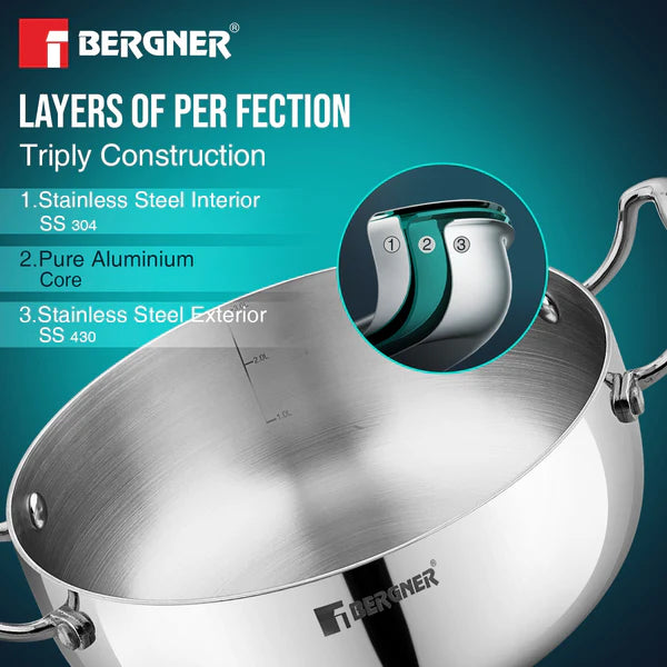 Bergner Argent Saira Saiba Tri-Ply Stainless Steel 3 Pcs Cookware Set