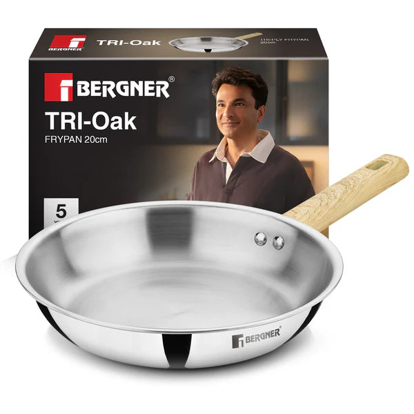 Bergner Tri-Oak Triply Stainless Steel Frypan Wooden Handle Induction 20 CM