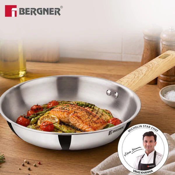 Bergner Tri-Oak Triply Stainless Steel Frypan Wooden Handle Induction 20 CM