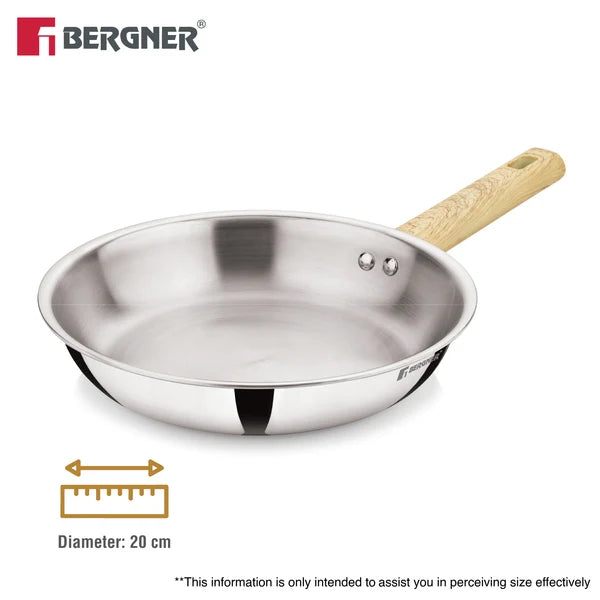 Bergner Tri-Oak Triply Stainless Steel Frypan Wooden Handle Induction 20 CM