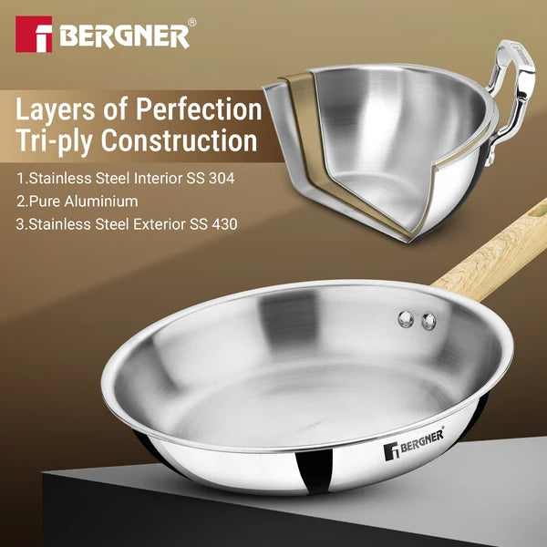 Bergner Tri-Oak Triply Stainless Steel Frypan Wooden Handle Induction 20 CM