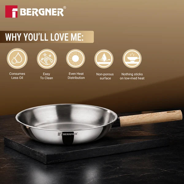Bergner Tri-Oak Triply Stainless Steel Frypan Wooden Handle Induction 20 CM