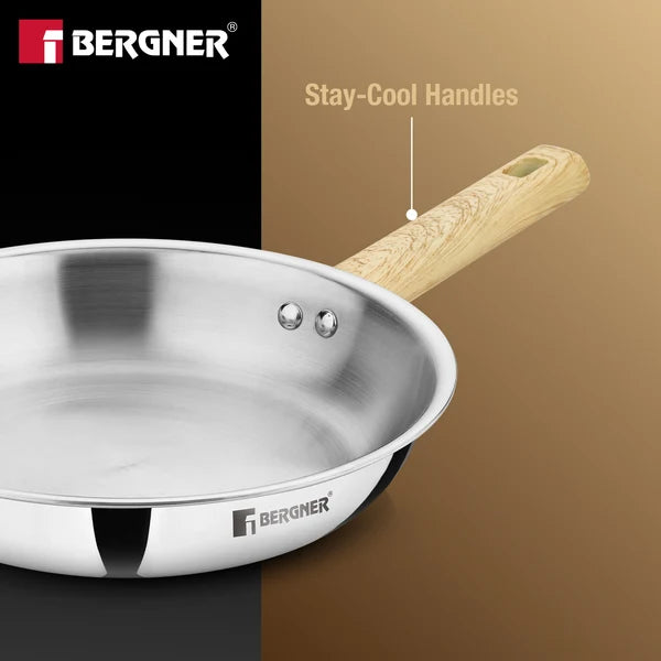 Bergner Tri-Oak Triply Stainless Steel Frypan Wooden Handle Induction 20 CM