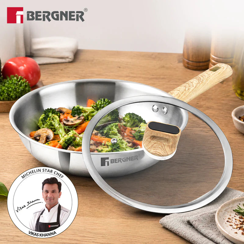 Bergner Tri-Oak Triply Stainless Steel Frypan with Glass Lid