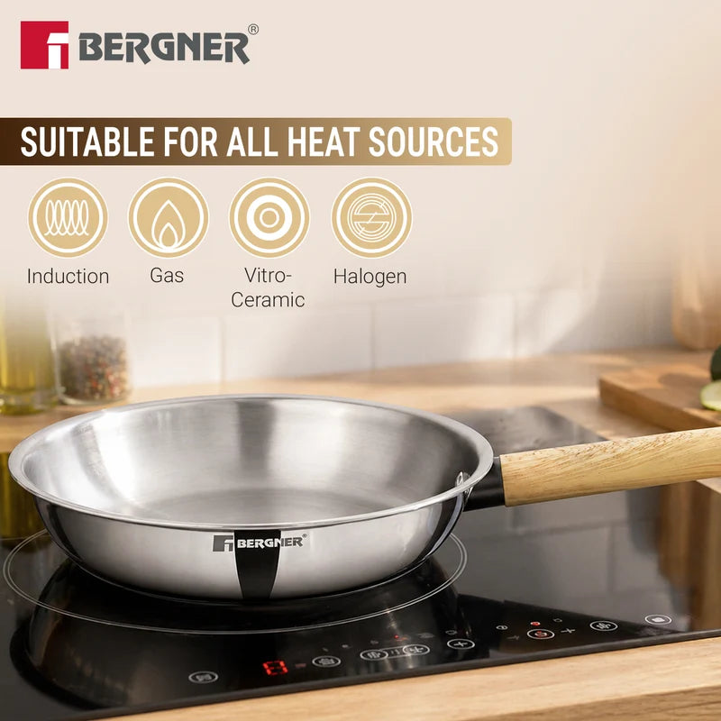 Bergner Tri-Oak Triply Stainless Steel Frypan with Glass Lid
