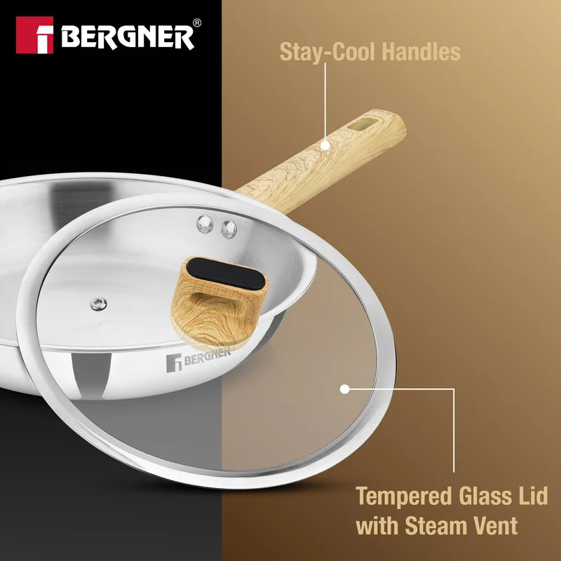 Bergner Tri-Oak Triply Stainless Steel Frypan with Glass Lid
