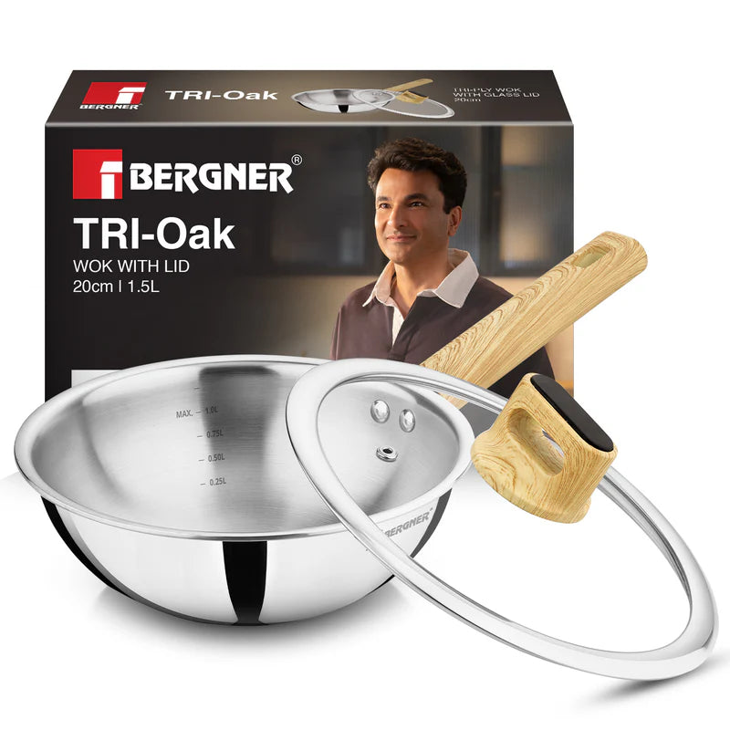 Bergner Tri-Oak Triply Stainless Steel Wok with Glass Lid 20cm