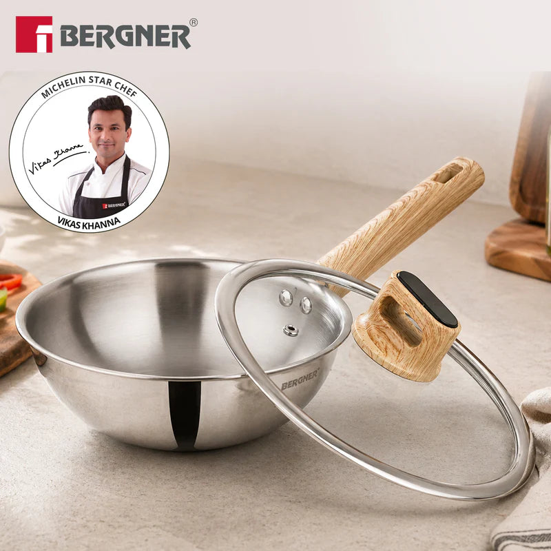 Bergner Tri-Oak Triply Stainless Steel Wok with Glass Lid 20cm