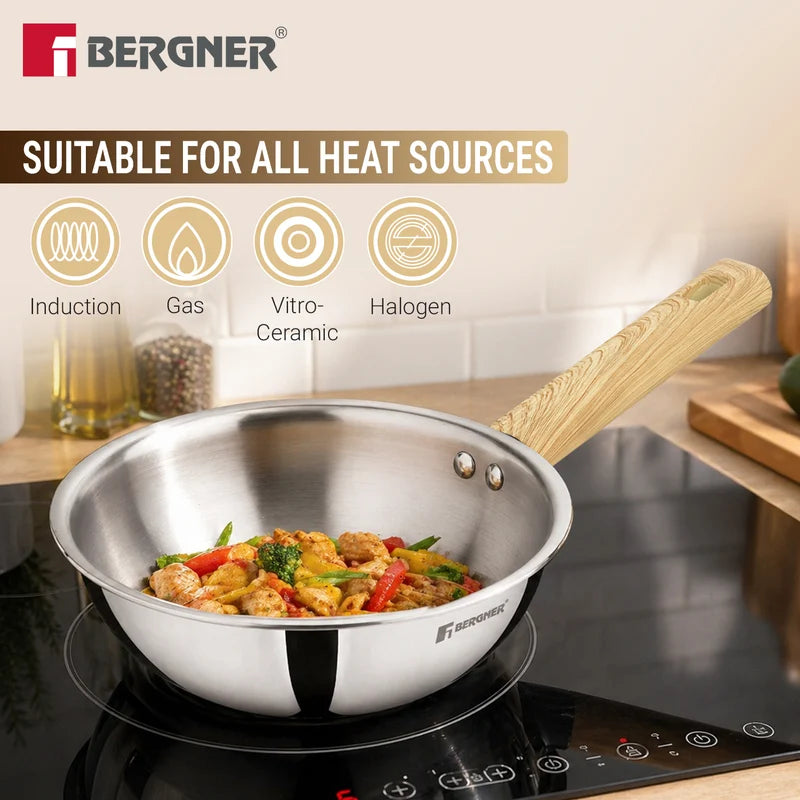 Bergner Tri-Oak Triply Stainless Steel Wok with Glass Lid 20cm