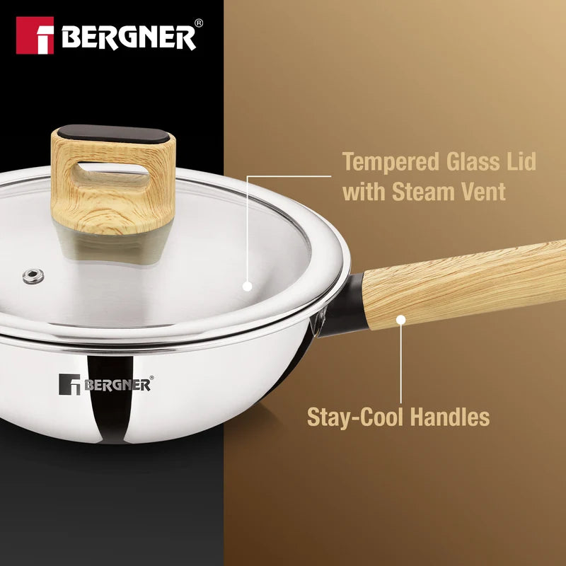 Bergner Tri-Oak Triply Stainless Steel Wok with Glass Lid 20cm