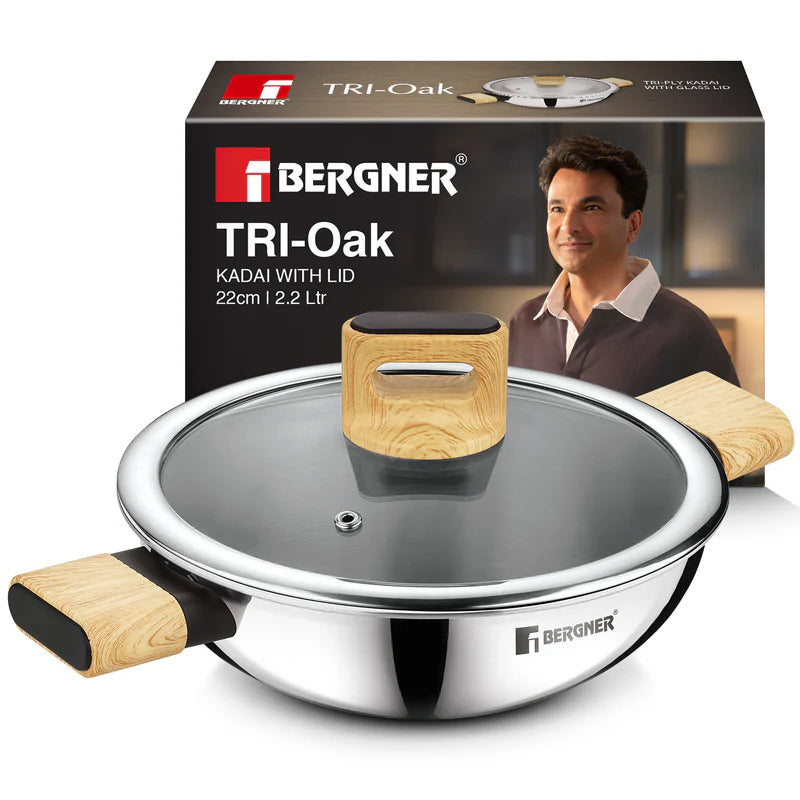 Bergner Tri-Oak Triply Stainless Steel Kadai with Glass Lid