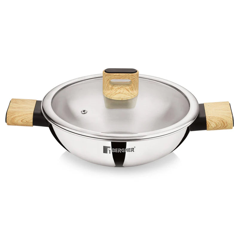 Bergner Tri-Oak Triply Stainless Steel Kadai with Glass Lid