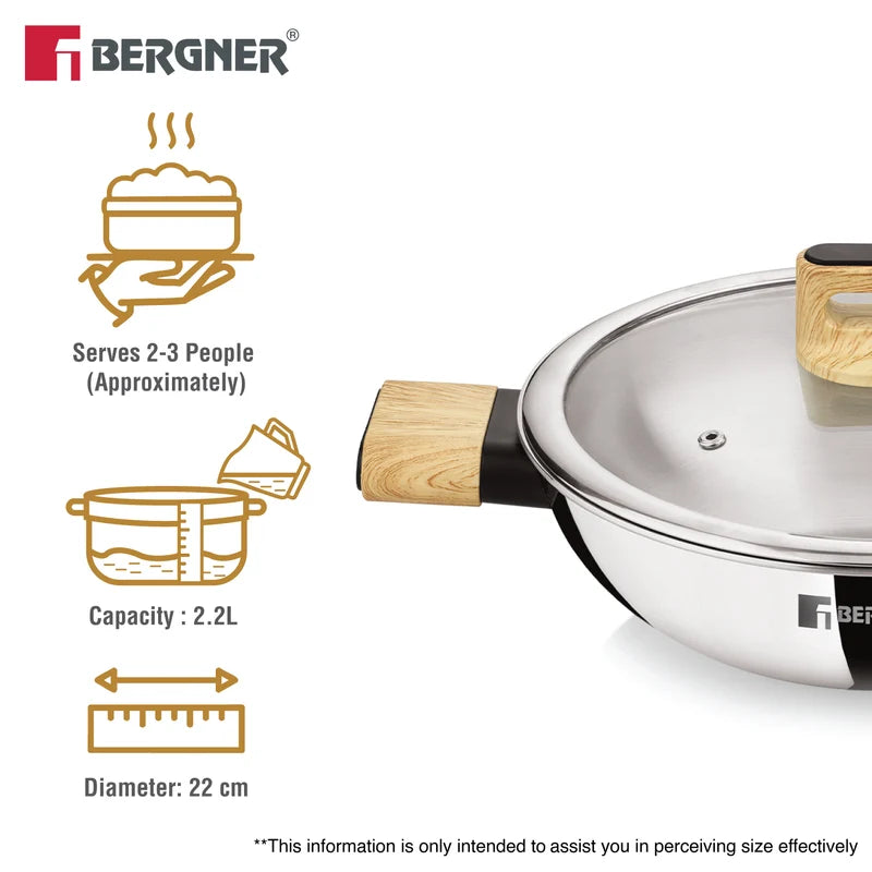Bergner Tri-Oak Triply Stainless Steel Kadai with Glass Lid