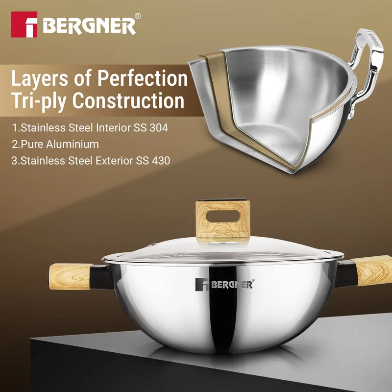 Bergner Tri-Oak Triply Stainless Steel Kadai with Glass Lid