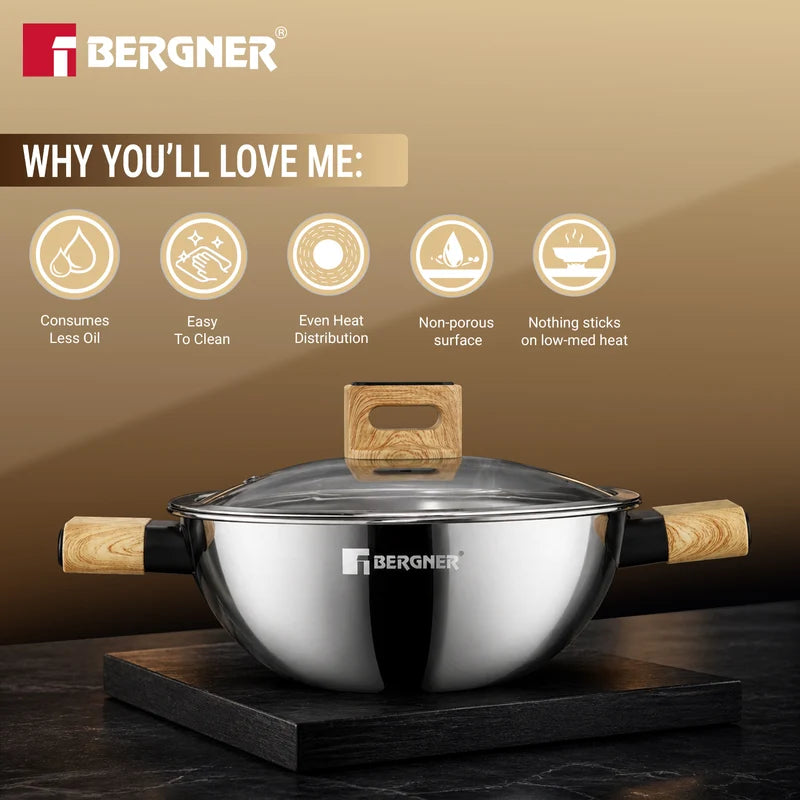 Bergner Tri-Oak Triply Stainless Steel Kadai with Glass Lid