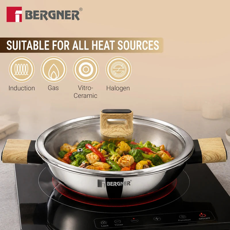Bergner Tri-Oak Triply Stainless Steel Kadai with Glass Lid