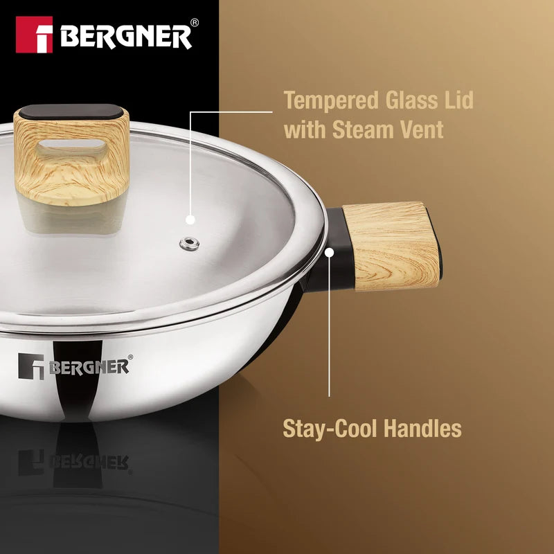 Bergner Tri-Oak Triply Stainless Steel Kadai with Glass Lid