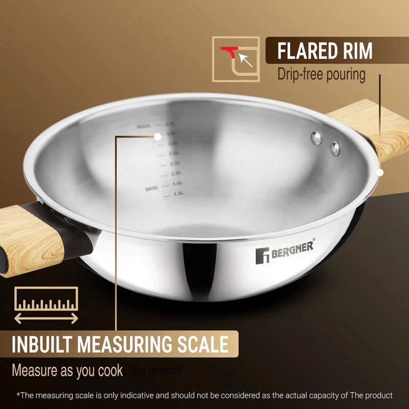 Bergner Tri-Oak Triply Stainless Steel Kadai with Glass Lid