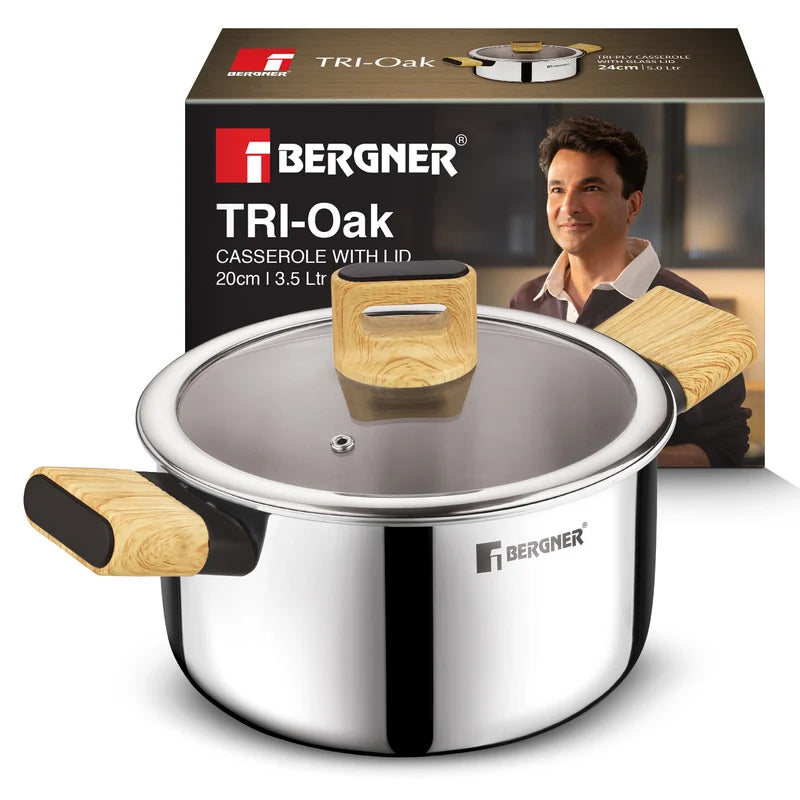 Bergner Tri-Oak Triply Stainless Steel Casserole with Glass Lid