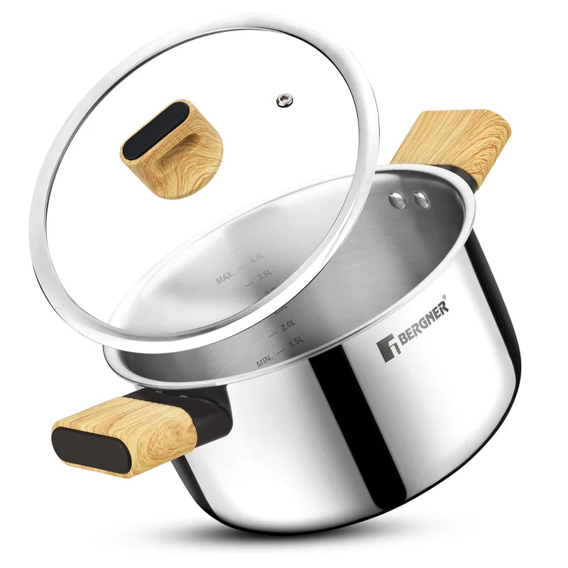 Bergner Tri-Oak Triply Stainless Steel Casserole with Glass Lid