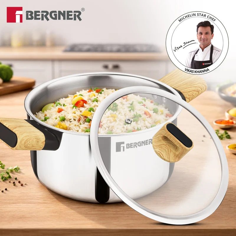 Bergner Tri-Oak Triply Stainless Steel Casserole with Glass Lid