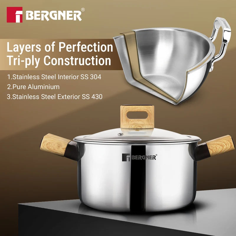 Bergner Tri-Oak Triply Stainless Steel Casserole with Glass Lid
