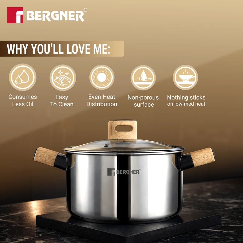 Bergner Tri-Oak Triply Stainless Steel Casserole with Glass Lid