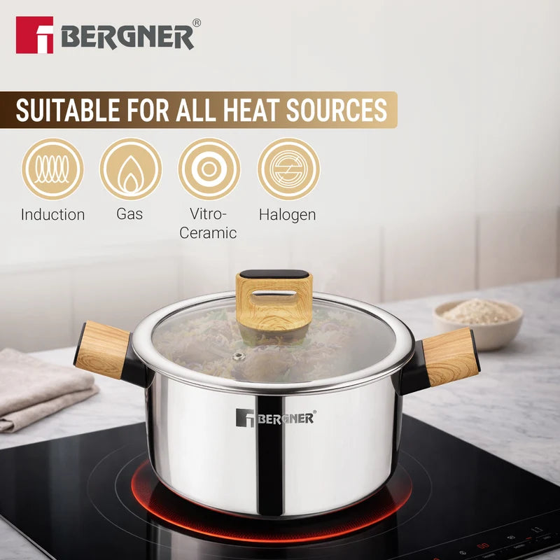 Bergner Tri-Oak Triply Stainless Steel Casserole with Glass Lid