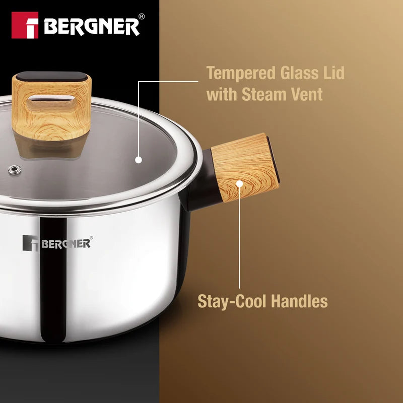 Bergner Tri-Oak Triply Stainless Steel Casserole with Glass Lid