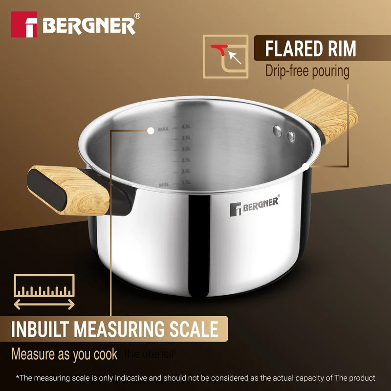 Bergner Tri-Oak Triply Stainless Steel Casserole with Glass Lid